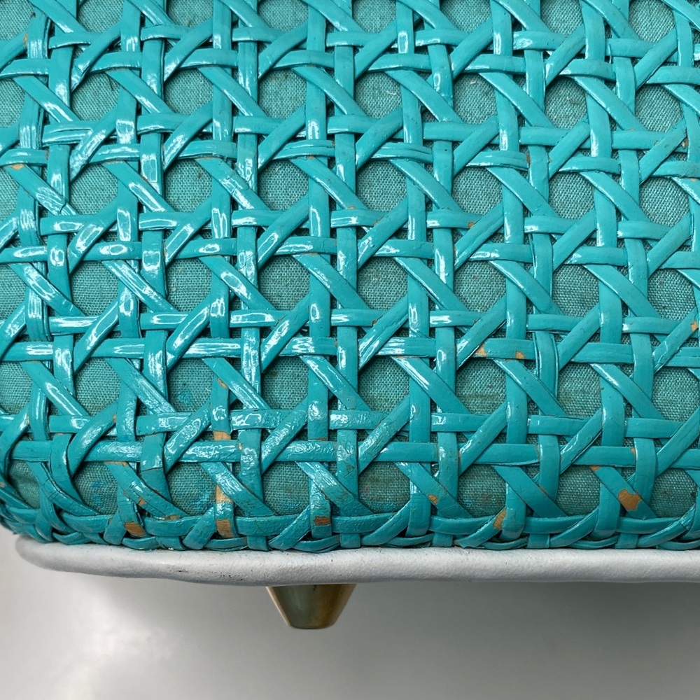 Inge Trapezoid Shoulder Bag Satchel in Turquoise Cane, White Trim, Linen Lining - Picture 10 of 15